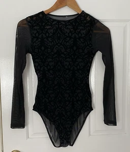 Sheer Body Suit One Piece Black Stretch Embossed Velour Size 10 - Picture 1 of 13