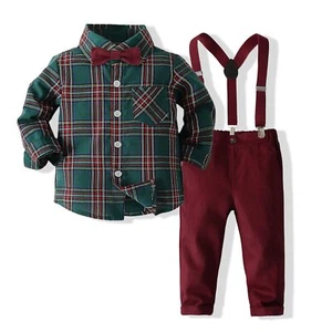 Toddler Boy Clothing Sets Plaid Shirt Bowtie and Suspender Strap Pants Outfit... - Picture 1 of 7