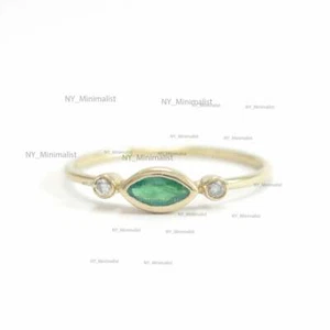 Real Marquise Cut Emerald Gemstone Diamond Ring Solid 14K Yellow Gold Jewelry - Picture 1 of 9