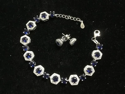 .925 Sterling Silver Blue Saphire CZ Tennis Bracelet & Matching Earrings Set 8in - Image 1 of 4