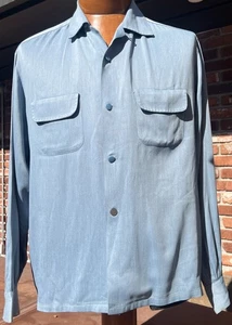 Vtg Pilgrim 1940 Rayon Gabardine Loop Collar Shirt Flap Pocket Rockabilly Large - Picture 1 of 18