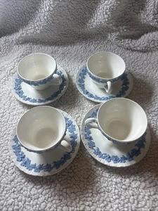 Vtg Wedgwood Cup Saucer Set Etruria and Barlaston Embossed Queensware Blue White - Picture 1 of 23