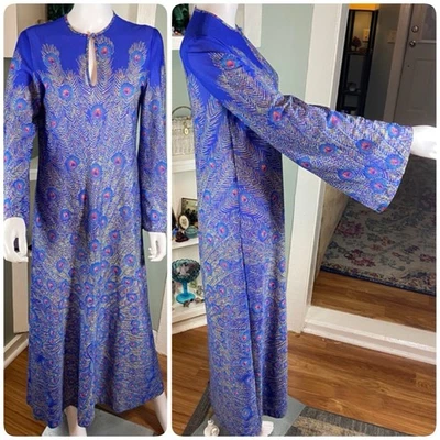 Vintage 70s Sheer Peacock Feather Wide Bell Sleeve Maxi Dress Caftan Medium M - Image 1 of 4