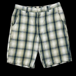 VTG St. John's Bay Linen Blend Shorts Men's 32 x 10" Green Plaid Preppy Golf - Picture 1 of 5