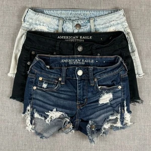 Lot 3 American Eagle Outfitters Jean Shorts Womens Size 2 Black Blue Distressed - Picture 1 of 19