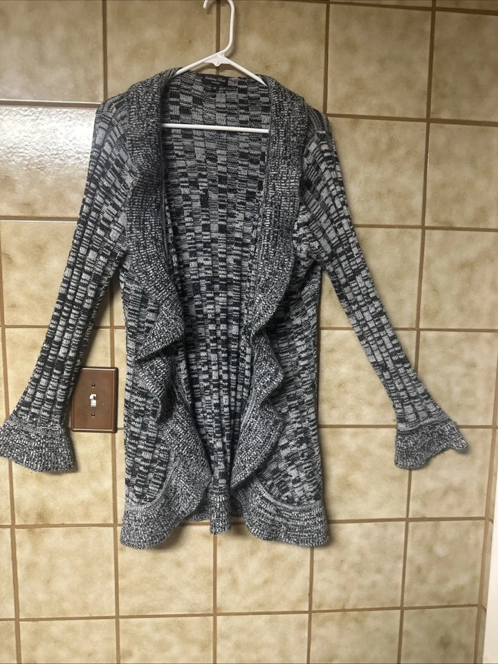 Brittany Black Womens Plus Open Black & White Ruffle Cardigan Sweater 1X - Image 1 of 4