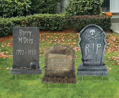 3-PC Large Tombstones Halloween Yard Stake Signs with Funny Names 17"H-23"H #348 - Image 1 of 4