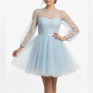 New Mac Duggal Sample Fit Flare Mini Corset Dress Light Blue Pearl Accent Sz 2 - Picture 1 of 14