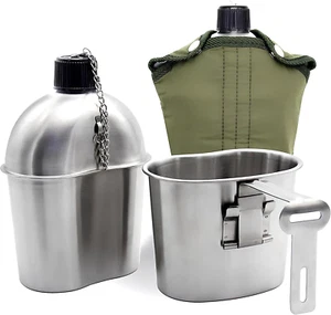 Edelstahl Militär Kantine und Becher Set mit grünem Deckel für Camping, Wandern - Bild 1 von 12