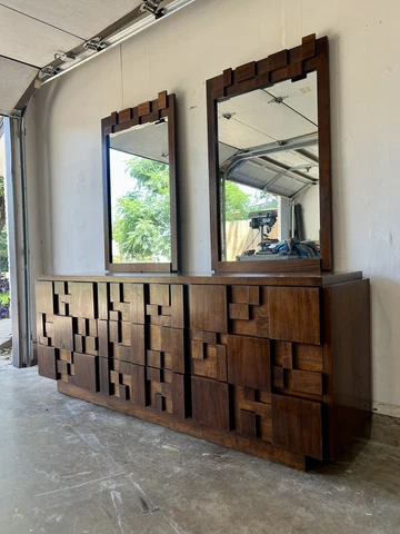 Mid-Century Lane Staccato Brutalist Walnut Credenza Dresser w/ Mirrors Cover