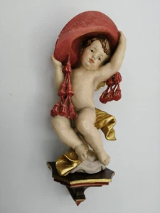 Figura de madera Amorette Putto sobre pedestal talla 30 cm figura de madera ángel cardenal - Imagen 1 de 10