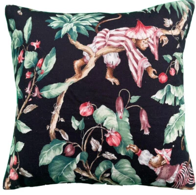 Black Cushion Cover Guarana Printed Tree Monkey Botanical Cotton Textile 16-24" - Image 1 of 3