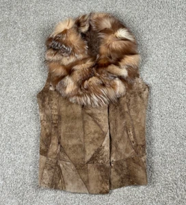 The Fur Vault Vest Womens 10 Brown Lambskin Leather Fox Fur Neck Trim Sleeveless - Picture 1 of 9