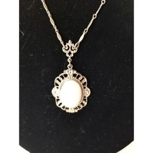Collar 1928 Piedra Blanca Cabujón Tono Plata Filigrana Barra Eslabón Cadena - Imagen 1 de 6