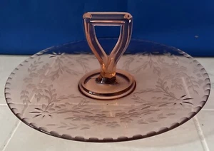 1930s Pink Depression Glass Serving Plate With Handle Etched Floral Pattern - Picture 1 of 4