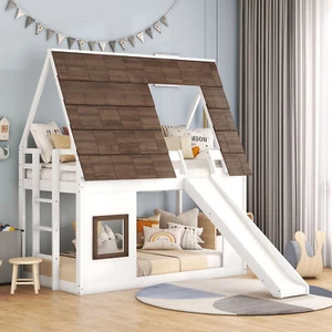 Wood Twin Size House Bunk Bed Frame with Roof/Ladder and Slide White+Brown - Picture 1 of 7