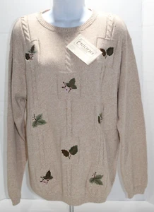 Vtg. Triona Design Women's XXL Knit Sweater Tan Embroiled LS 100% Cotton Ireland - Picture 1 of 12
