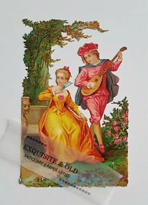 um 1900 Liebespaar Mann Frau Laute Fächer Glanzbild Oblate Prägedruck Ephemera - Bild 1 von 2
