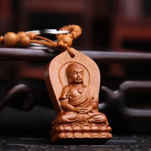 Buddha Shakyamuni Statue Holzschnitzerei Chinesisch Holz Anhänger Schlüsselanhänger Schlüsselring - Bild 1 von 4