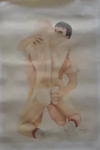 Vintage Nude Gay Men Art Print 1984 Bruffet Signed Original Swimsuit Gym Socks - Picture 1 of 11