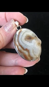 Mexican Laguna Lace Agate Pendant 1.75” Shadow Bezel Artisan Southwest - Picture 1 of 4