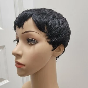 2" Short Pixie Layer Natural Black Human Hair Classic Cap Wig Women Size M - Picture 1 of 9