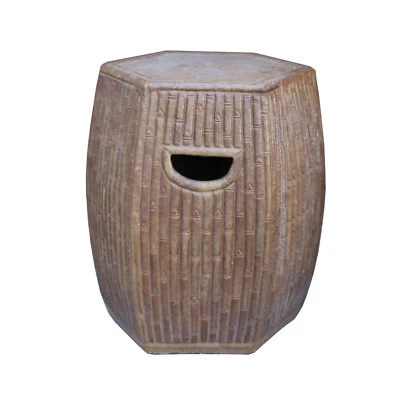 Chinese Hexagon Bamboo Theme Brown Ceramic Clay Garden Stool cs3257 - Image 1 of 4