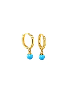 14K Solid Gold Turquoise Huggie Hoop Dangle Earrings – Real Gold Drop Design - Picture 1 of 3