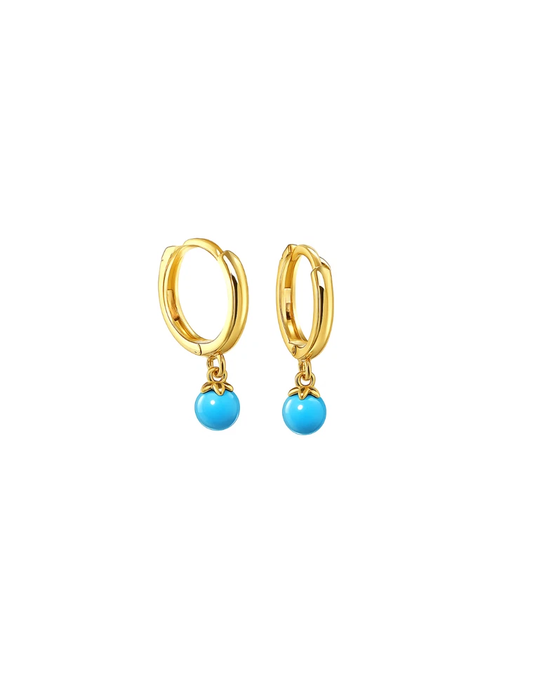 14K Solid Gold Turquoise Huggie Hoop Dangle Earrings – Real Gold Drop Design - Image 1 of 1
