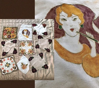 SET 9) VTG 1920s SILK Crepe PAINTED FLAPPER HANKIES Novelty FLAPPER GIRL Flowers - Image 1 of 4