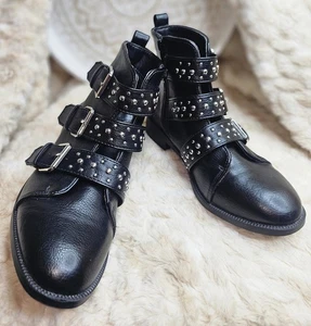 MISS KG Kurt Geiger Biker Boots Black Vegan Ankle Buckle Women's Shoes EU 37 NEW - Picture 1 of 15