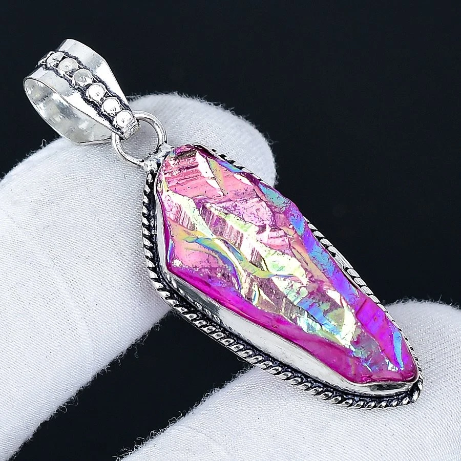 Pink Titanium Quartz 925 Silver Plated Handmade Pendant of 2" - Image 1 of 3