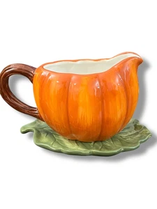 Sur La Table Orange Pumpkin Shaped Porcelain Gravy Boat Leaf Tray Stem Handle - Picture 1 of 9