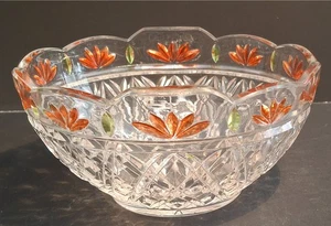 Vtg Echt Bleikristall German Crystal Diamond Cut Bowl with Orange & Green Accent - Picture 1 of 5