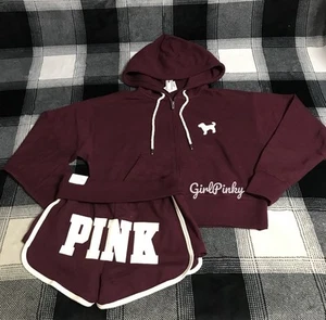 VS PINK IVY TERRY SHORTS OUTFIT & DURCHGEHENDER REISSVERSCHLUSS BURGUNDERROT MIT LOGO AM HINTERN XS-2XL - Bild 1 von 8