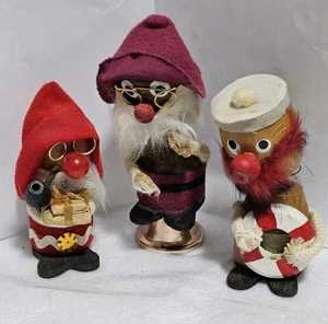 Kurt Adler 3 Wood Gnomes Over Board Hobo Nodder Bobbleheads Big Red Noses - Picture 1 of 18