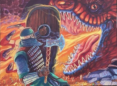 dungeons and dragons Themed Original Art, 18x24, Fighter Vs. Red Dragon - Image 1 of 2
