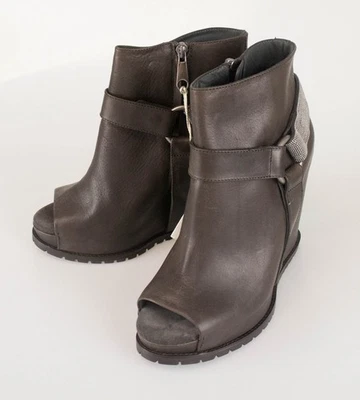 全新 BRUNELLO CUCINELLI 棕色皮革楔形短靴 尺码 39.5/9.5 $2115 — 第 1/4 张图片
