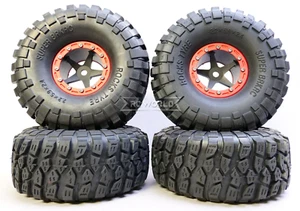 RC Truck Wheels 2.2 ALUMINUM Beadlock 5 Star RIMS + TIRES 150MM -BLACK W/ RED- - Picture 1 of 19