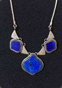 Alte Designer Halskette mit Lapislazuli Anhänger Silberkette Collier Vintage - Bild 1 von 24
