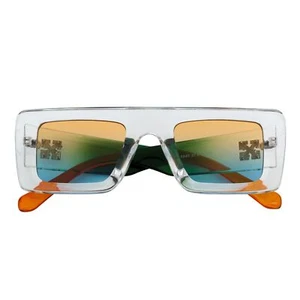 OFFSET - Two-Tone 90s Retro Thick Rectangle Sunglasses Clear-Green Amber Blue - Picture 1 of 10