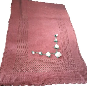 Rose Pink Colored Crocheted Twin Size Blanket Coverlet Afghan Vintage - Picture 1 of 12