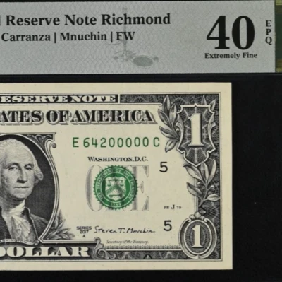 2017A $1 Federal Reserve Note PMG 40EPQ - Fancy Serial Number - 64200000 - Image 1 of 3