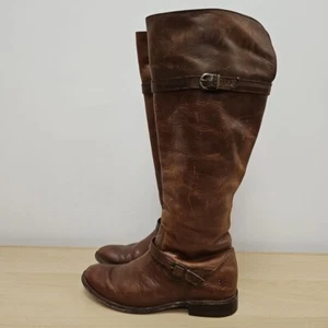 Frye Vintage 77748 Knee High Riding Brown Leather Belted Boots Size Uk 4 Us 6 - Picture 1 of 11