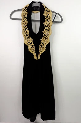 Jessica McClintock Gunne Sax 7/8 Black Velvet Gold Halter Mini Dress 90 Y2k - Image 1 of 4