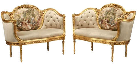 Settees, (2) Louis XVI Style Gilt Upholstered, Decorated, Charming, Vintage!! Cover