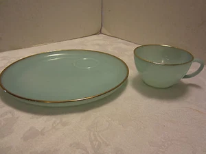 Vintage FIRE KING Glass Blue Delphine w/ gold snack lunch 2 Pc. set 9"w 1950's - Picture 1 of 5