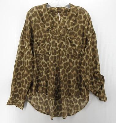Blusa Free People Top Mujer Mediana Marrón Abotonada Leopardo Pestaña Enrollable Alta Baja Foto 1 de 4