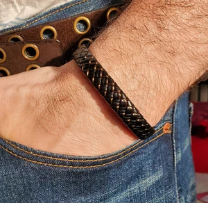 Mens Leather Bracelet Braided Surfer Wristband Stainless Steel Magnetic Clasp UK - Picture 1 of 13