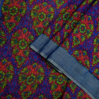 Vintage Sari Pink & Blue Pure Chiffon Silk Printed Saree 6Yd Craft Fabric Sewing - Image 1 of 4